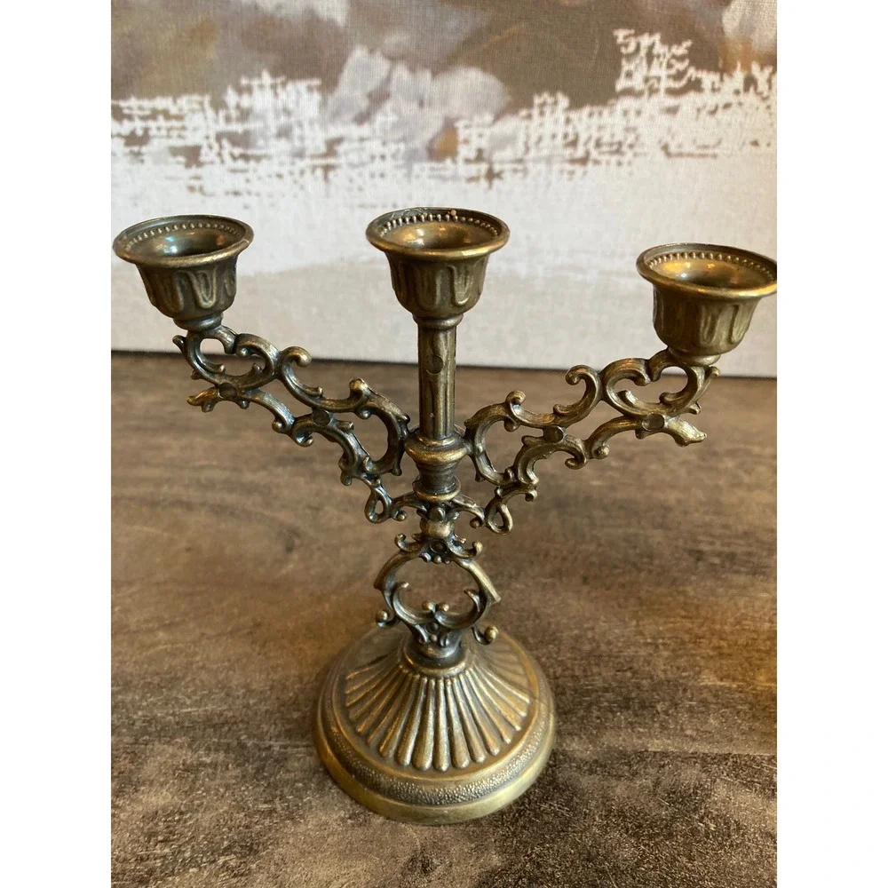 Vintage Brass 3 Arm Candelabra Pair Scroll French Baroque Taper Holders 6in